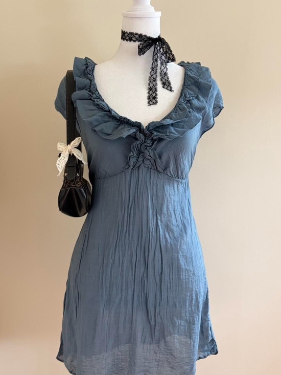 Vintage Dresses & Skirts - Vintage Italian silk dress mini babydoll blue ruffle coquette Y2K European M